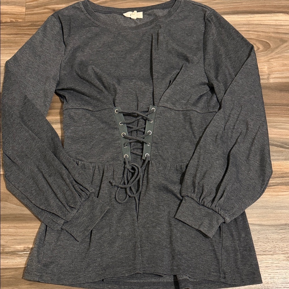 ENTRO Women’s Sz. S Gray Corset Top Crewneck Flowy Boho Minimal Stretchy